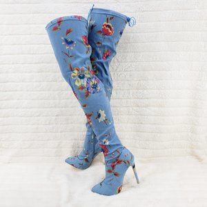 Stretch Floral Print Denim Draw String Top high heel thigh boots